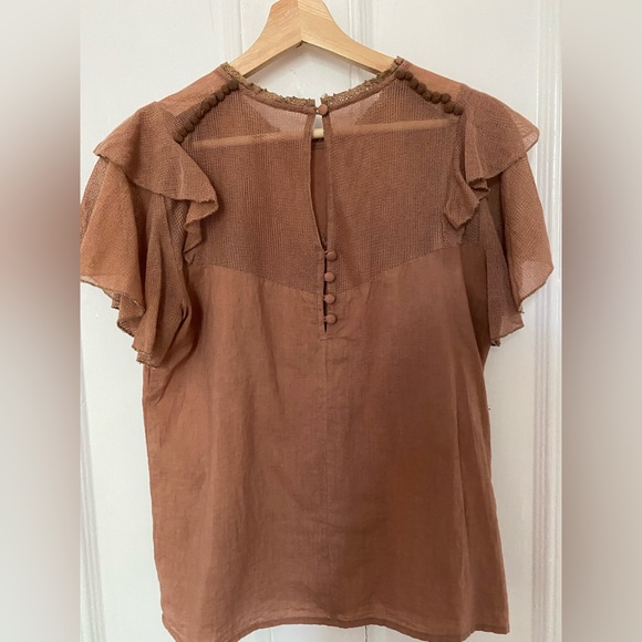 Maria Stanley Finch Embroidered Flutter Sleeve Blouse in Shiitake Brown - Picture 7 of 9